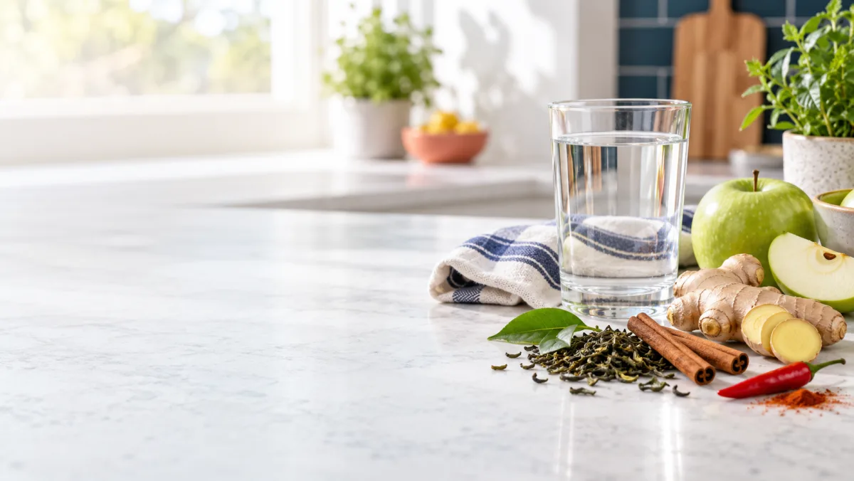 Green apple, ginger, cinnamon, tea leaves and water on a kitchen counter